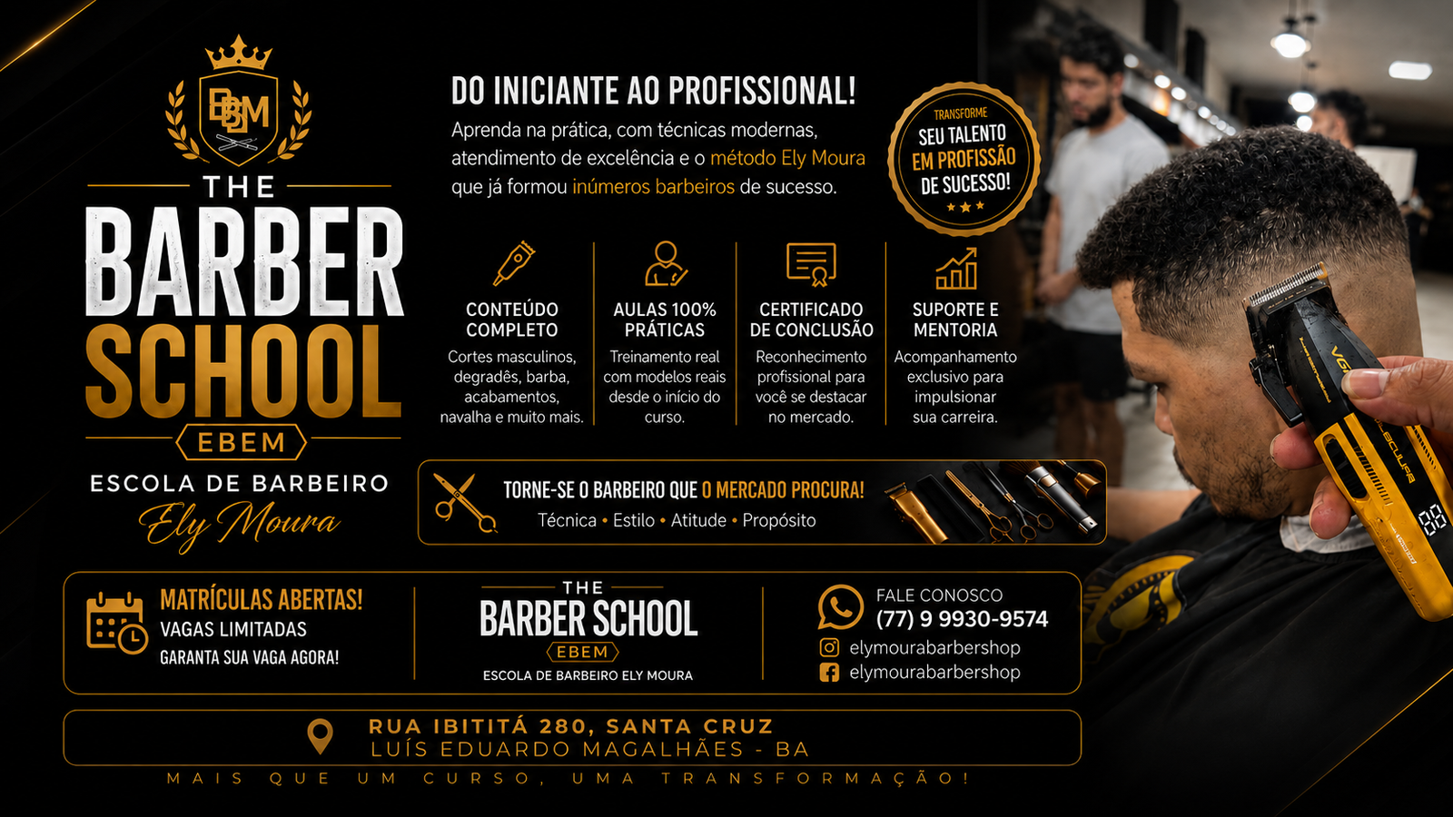 Alunos praticando corte no curso de barbeiro